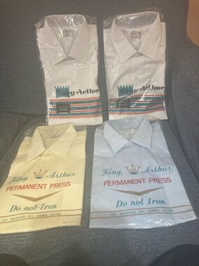 Vintage King Arthur White, blue and yellow Collared Dress Shirts